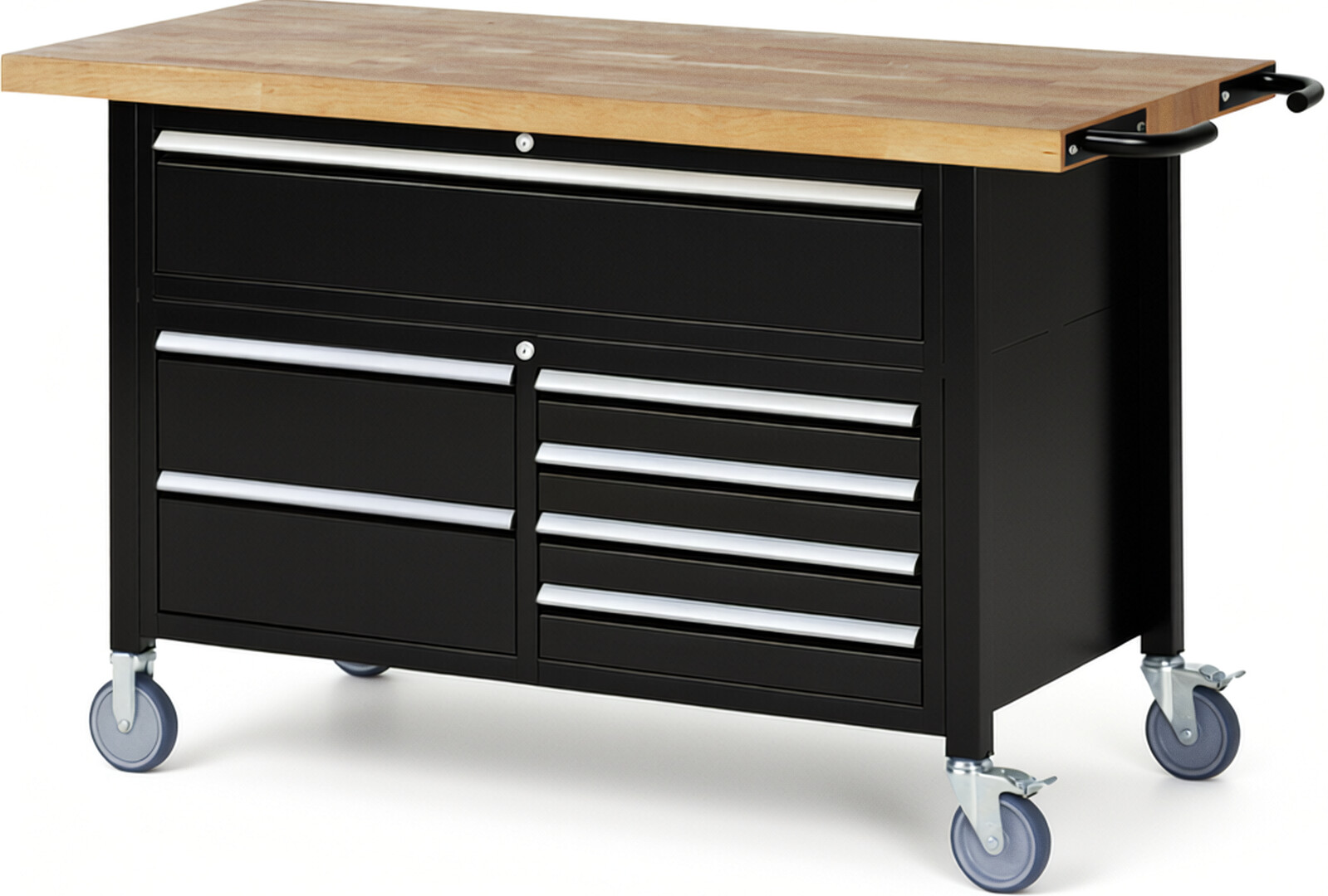 Fahrbare Werkbank Modell 8921 schwarz, BxTxH 1500x700x920-1120 mm,  Buche-Massiv Arbeitsplatte 40 mm,  7 Schubladen mit  Auszug 90 %