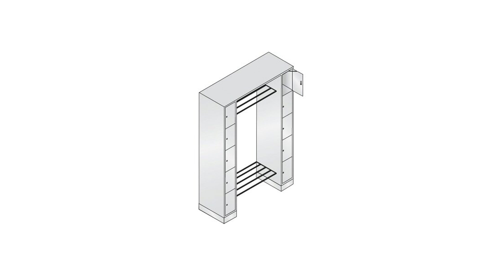 Garderobe, Garderobenanlage, Offene Garderobe mit Spindschrank, 10 Fächer, links/rechts, Korpus lichtgrau, Türfarbe lichtgrau, 1.950 x 1.430 x 480 mm (HxBxT)