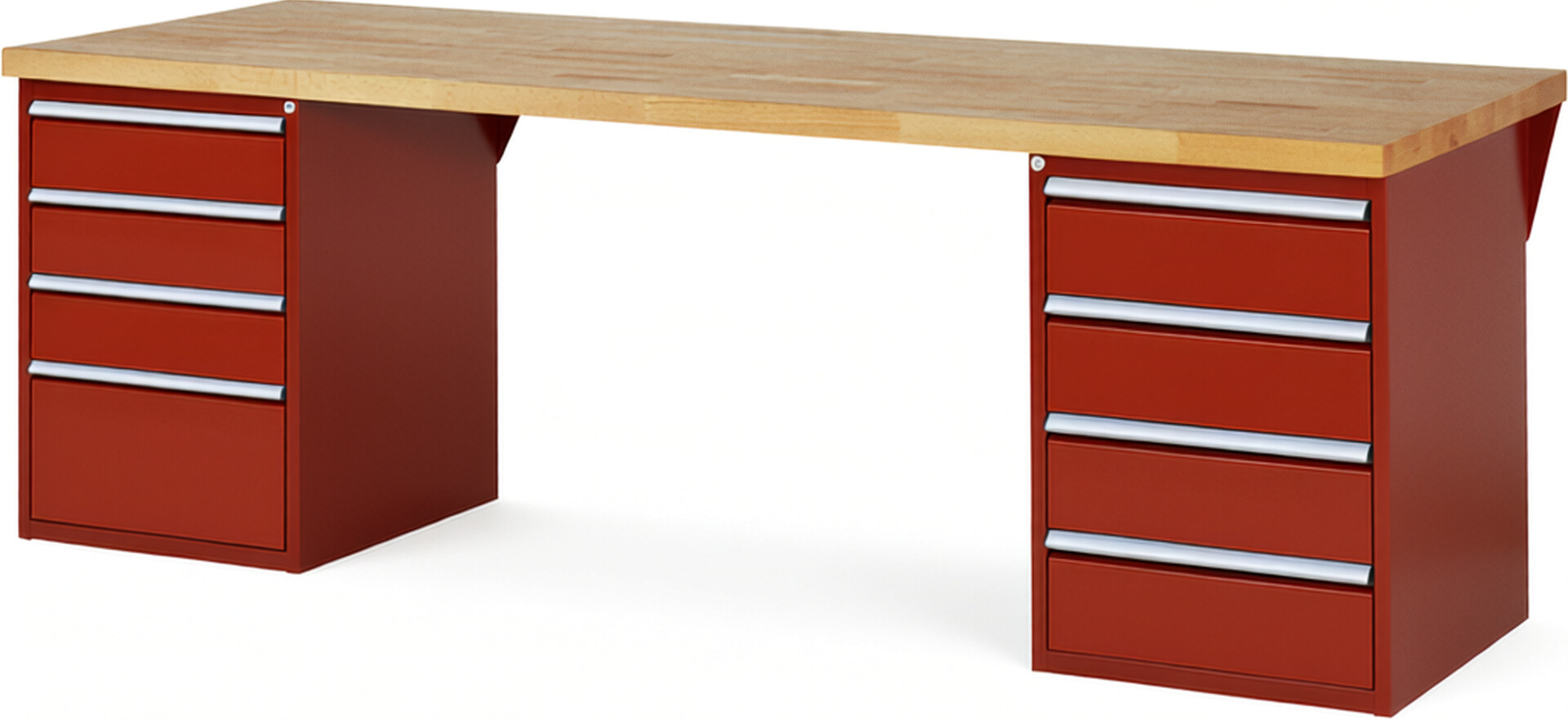 RAU Werkbank rot - Breite 250 cm - Tiefe 90 cm - Höhe 89 cm - Buche-Massiv Arbeitsplatte 40 mm