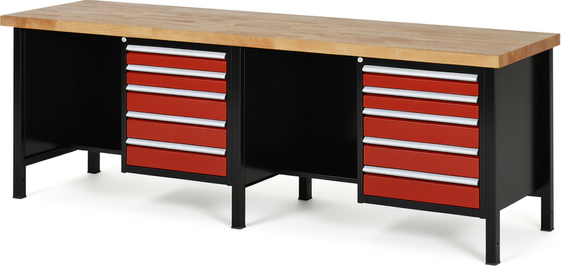 RAU Werkbank schwarz - rot - Breite 250 cm - Tiefe 70 cm - Höhe 104 cm - Buche-Massiv Arbeitsplatte 40 mm