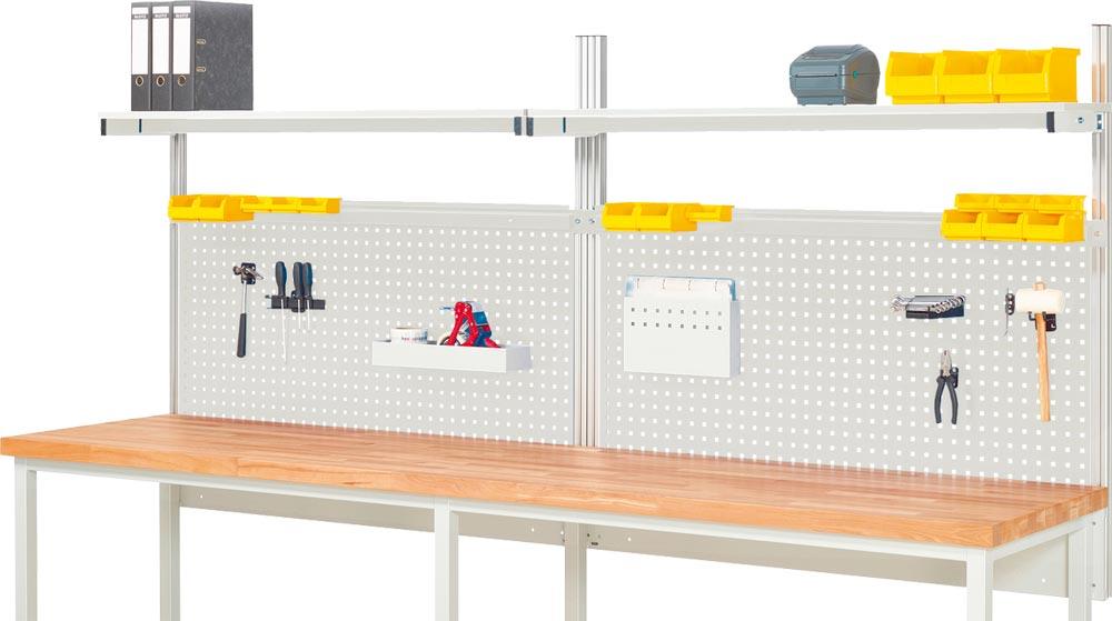 Aufbau für Werkbank B 3000 mm mit Etagenbord, Lochplatte H 650 mm, Halteschiene, RAL 7035