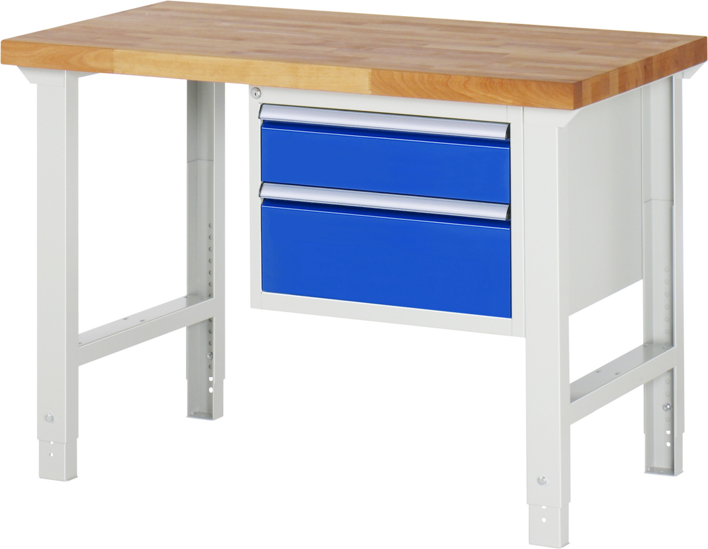 Werkbank Modell 7123 rot - schwarz, BxTxH 1250x700x790-1140 mm,  Buche-Massiv Arbeitsplatte 40 mm,  2 Schubladen mit  Vollauszug 100 % und  SoftClosing