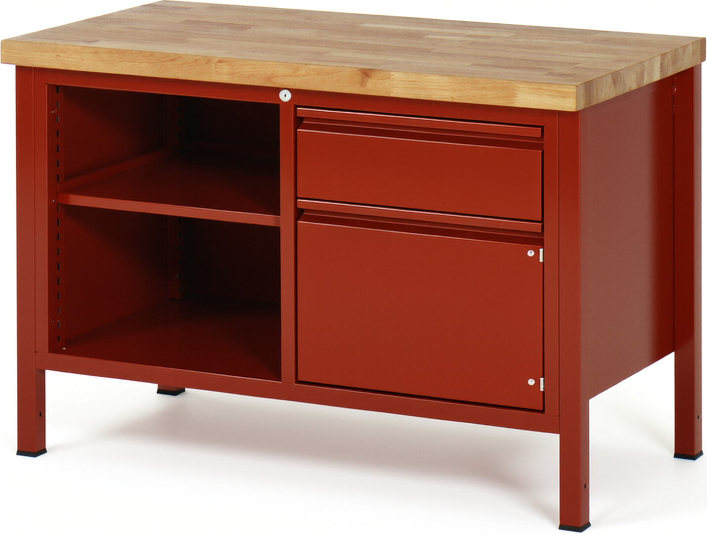 Werkbank - Modell 8461 BASIC rot, BxTxH 1250x700x840-1040 mm,  Buche-Massiv Arbeitsplatte 40 mm,  1 Schublade mit  Auszug 90 %