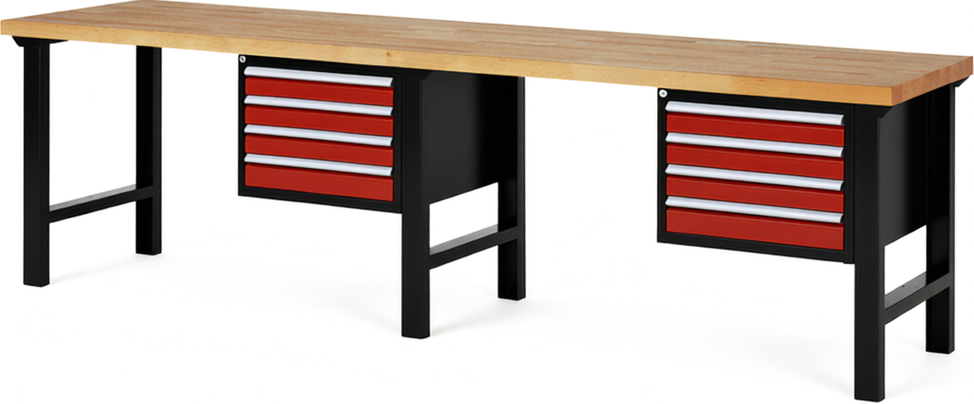 RAU Werkbank schwarz - rot - Breite 300 cm - Tiefe 70 cm - Höhe 84 cm - Buche-Massiv Arbeitsplatte 40 mm