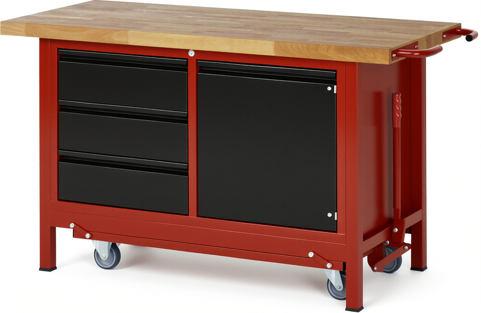 Absenkbare Werkbank - Modell 8468 BASIC rot - schwarz, BxTxH 1500x700x880 mm,  Buche-Massiv Arbeitsplatte 40 mm,  3 Schubladen mit  Auszug 90 %