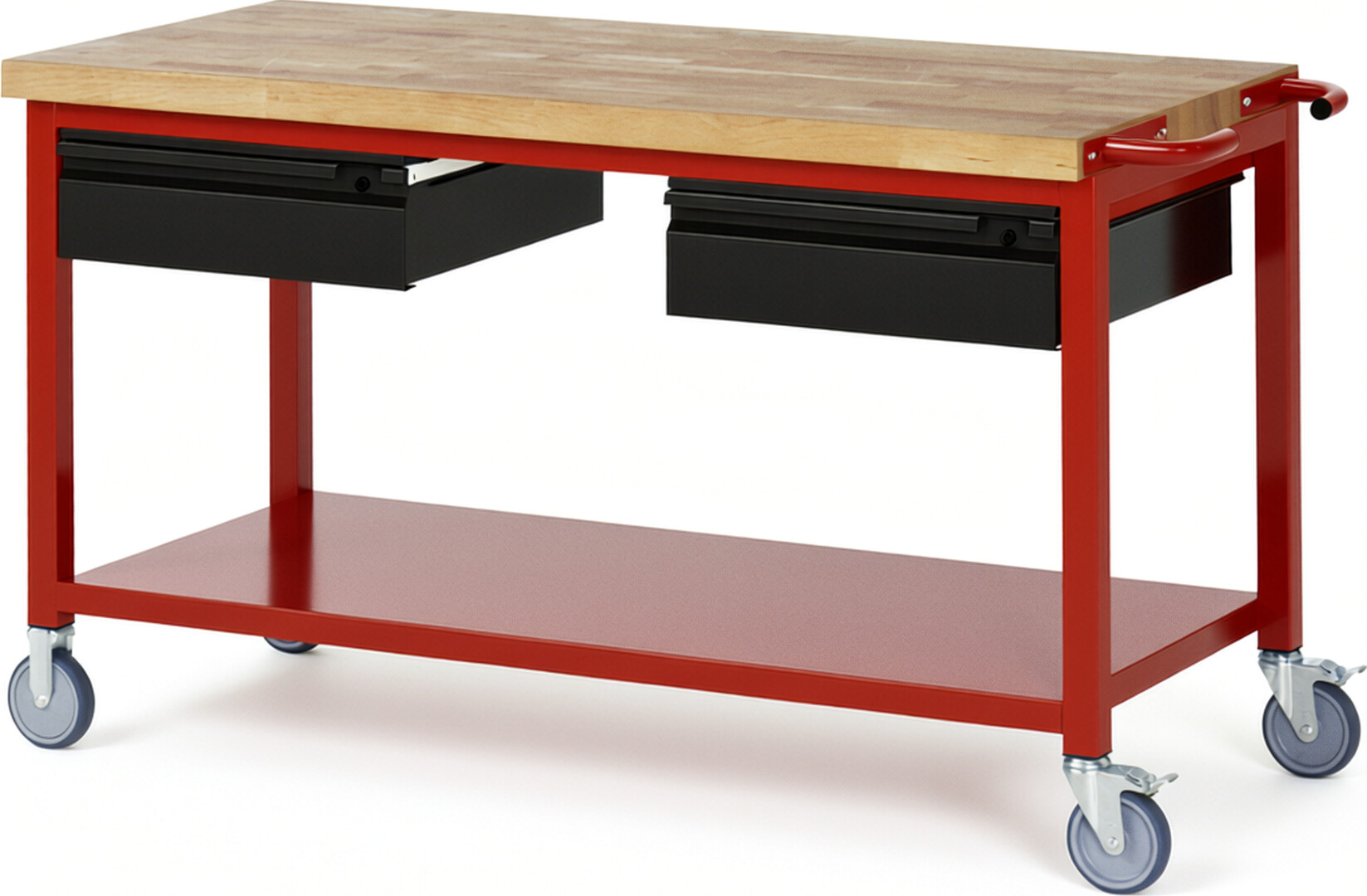 Fahrbare Werkbank - Modell 8002 BASIC rot - schwarz, BxTxH 1500x700x880 mm,  Buche-Massiv Arbeitsplatte 40 mm,  2 Schubladen mit  Auszug 90 %