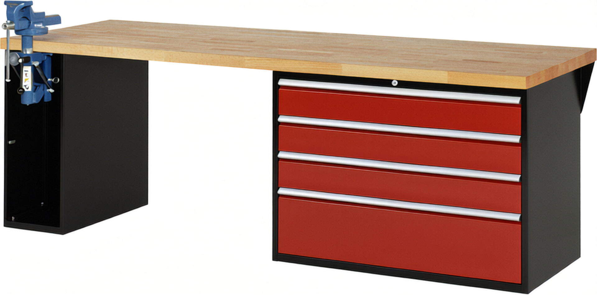 RAU Werkbank schwarz - rot - Breite 250 cm - Tiefe 90 cm - Höhe 89 cm - Buche-Massiv Arbeitsplatte 40 mm