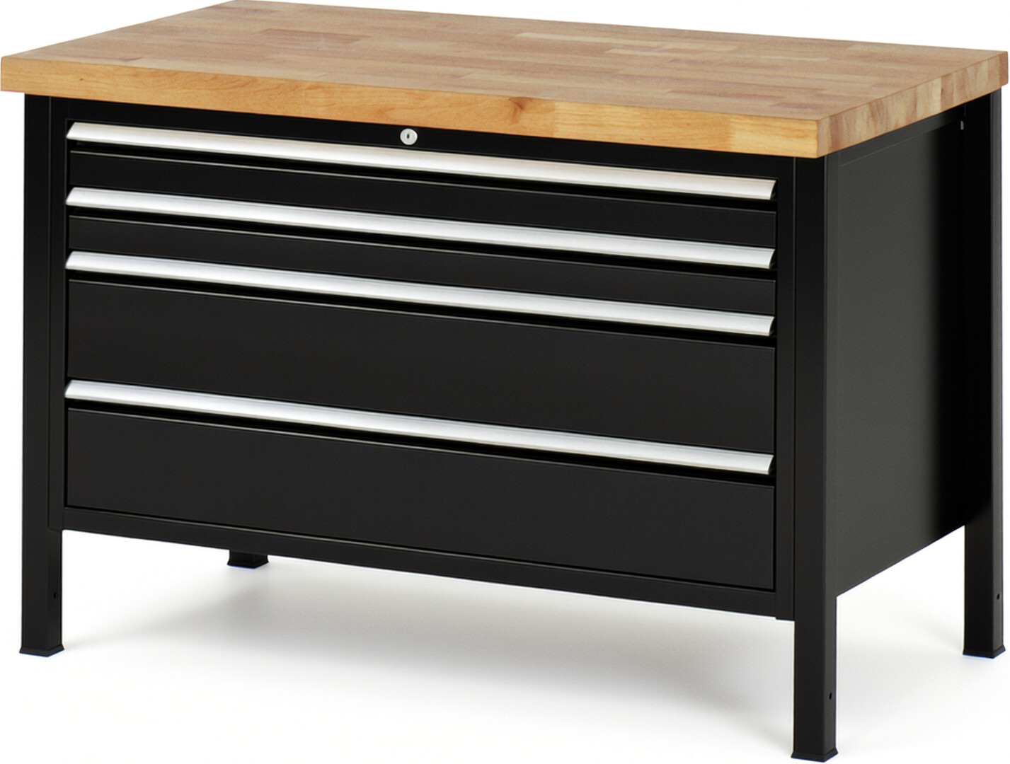 Werkbank Modell 8361 schwarz, BxTxH 1250x700x840 mm,  Buche-Massiv Arbeitsplatte 40 mm,  4 Schubladen mit  Auszug 90 %