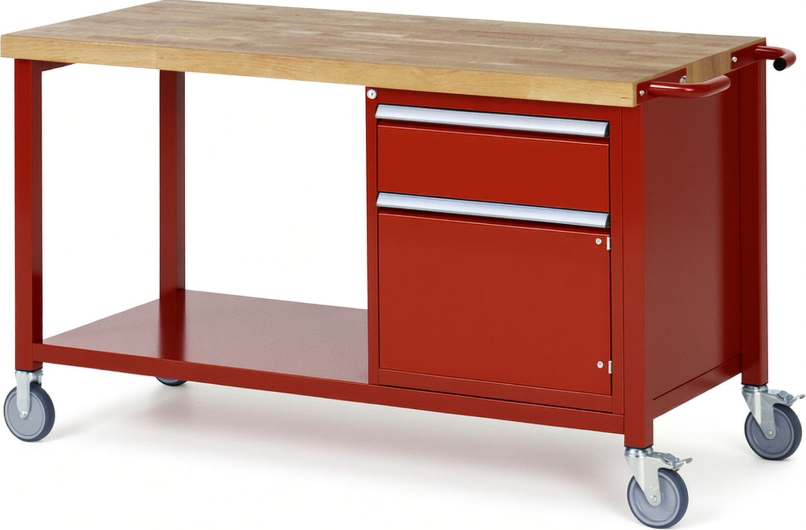 Fahrbare Werkbank Modell 8152 rot, BxTxH 1500x700x880 mm,  Buche-Massiv Arbeitsplatte 40 mm,  1 Schublade mit  Auszug 90 %