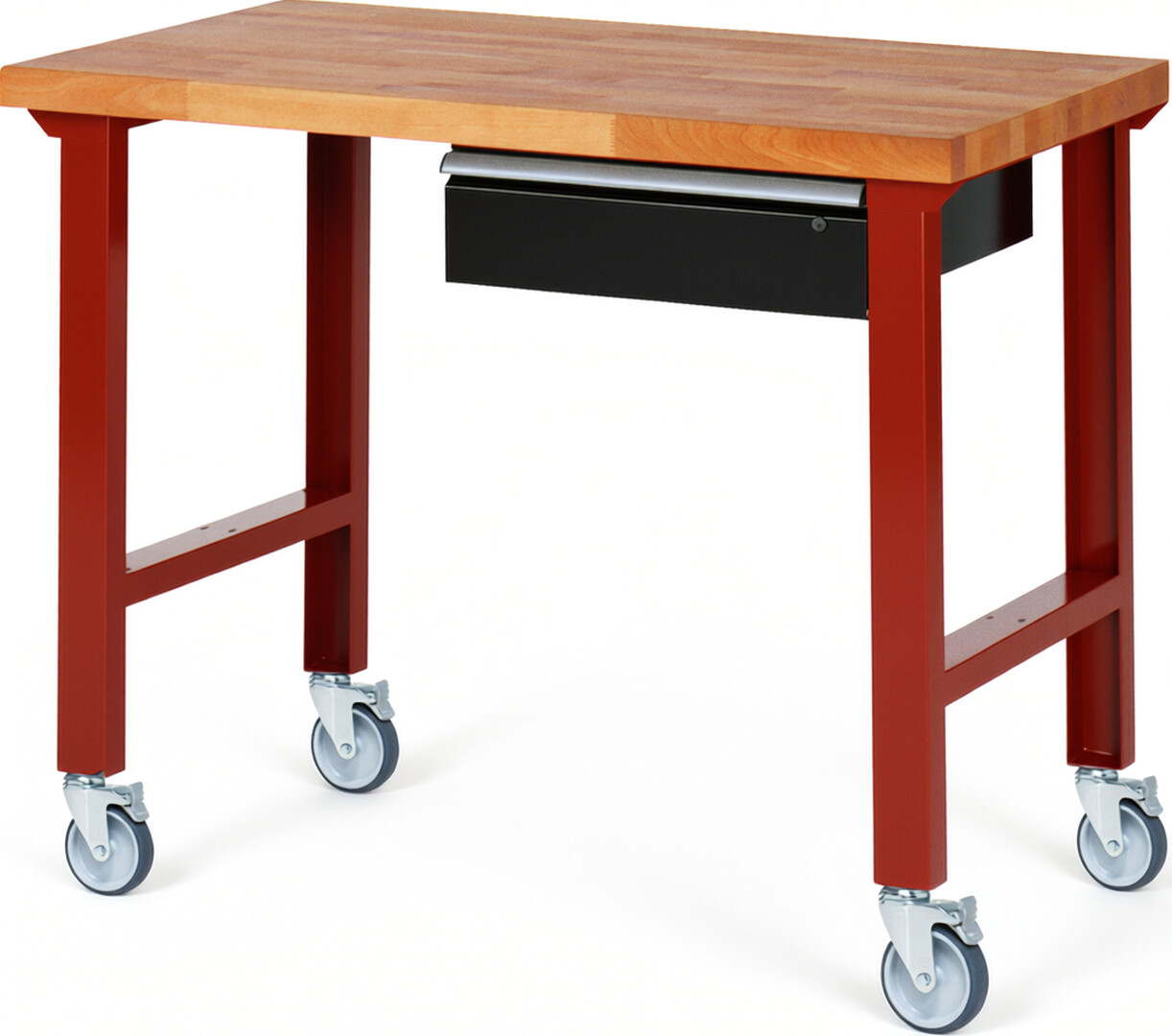 Fahrbare Werkbank Modell 7001 rot - schwarz, BxTxH 1250x700x1000 mm,  Buche-Massiv Arbeitsplatte 40 mm,  1 Schublade mit  Auszug 90 %