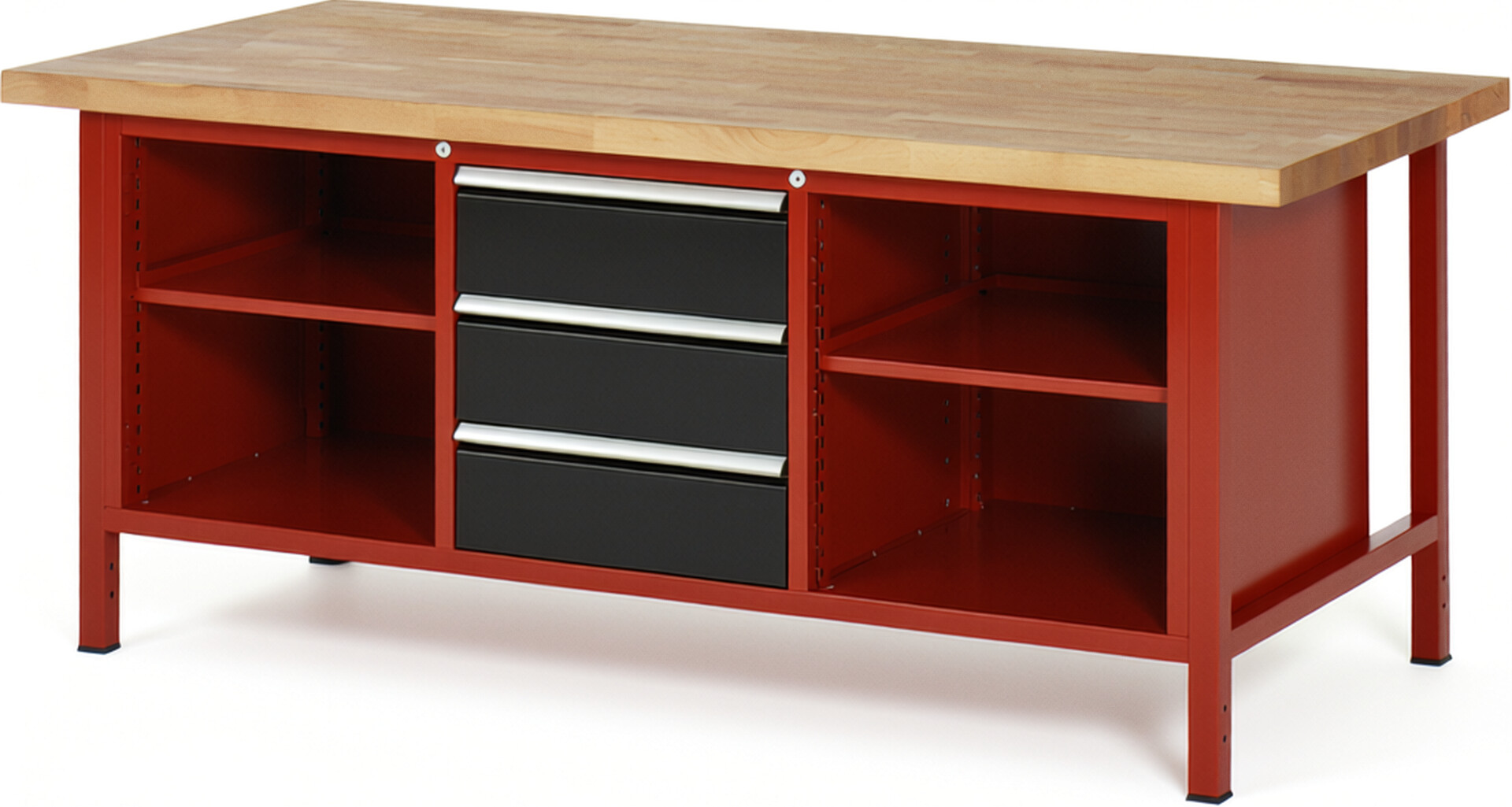 Werkbank Modell 8565 rot - schwarz, BxTxH 2000x900x840-1040 mm,  Buche-Massiv Arbeitsplatte 40 mm,  3 Schubladen mit  Vollauszug 100 % und  SoftClosing