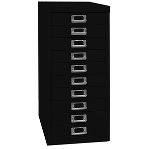Schubladenschrank aus Stahl, BxTxH 279x380x590 mm, 10 Schubladen 51 mm, DIN A4, schwarz
