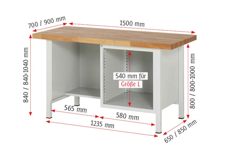Werkbank Modell 8451,  BxTxH 1500x900x840-1040 mm,  Buche-Massiv Arbeitsplatte 40 mm,  2 Schubladen mit  Auszug 90 %