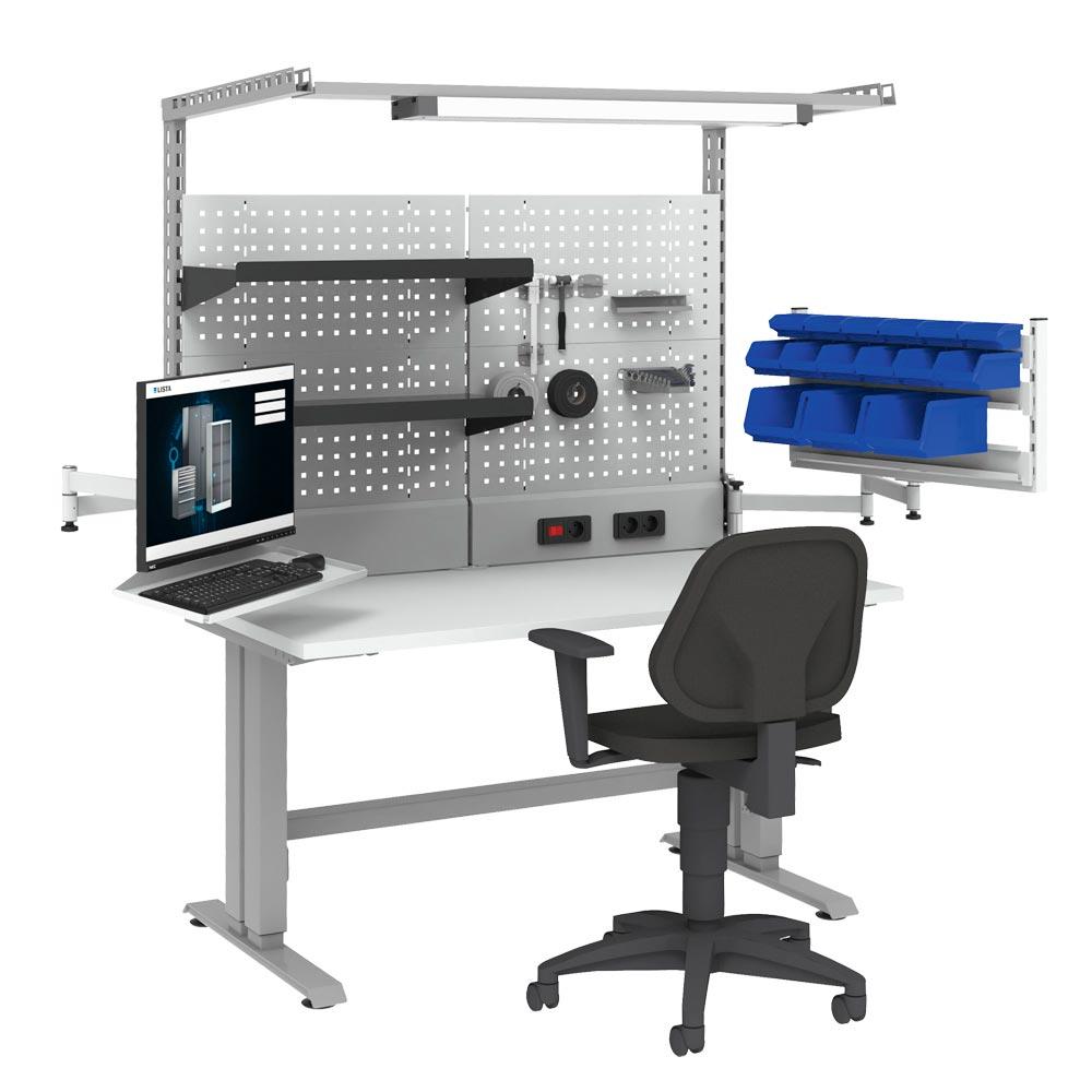 Elektrisch höhenverstellbarer Arbeitstisch, 4 Fuß, Platte Buche 50 mm, BxTxH 2000x800x725-1225 mm, Traglast 400 kg, RAL 7016