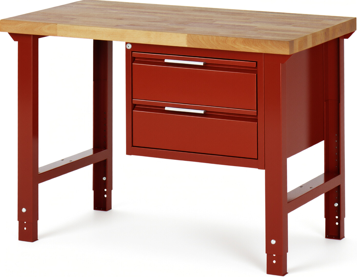 Werkbank rot, BxTxH 1250x700x790-1140 mm, Platte Buche 40 mm 40 mm, 2 Schubladen 180 mm, RAL 3000/3000