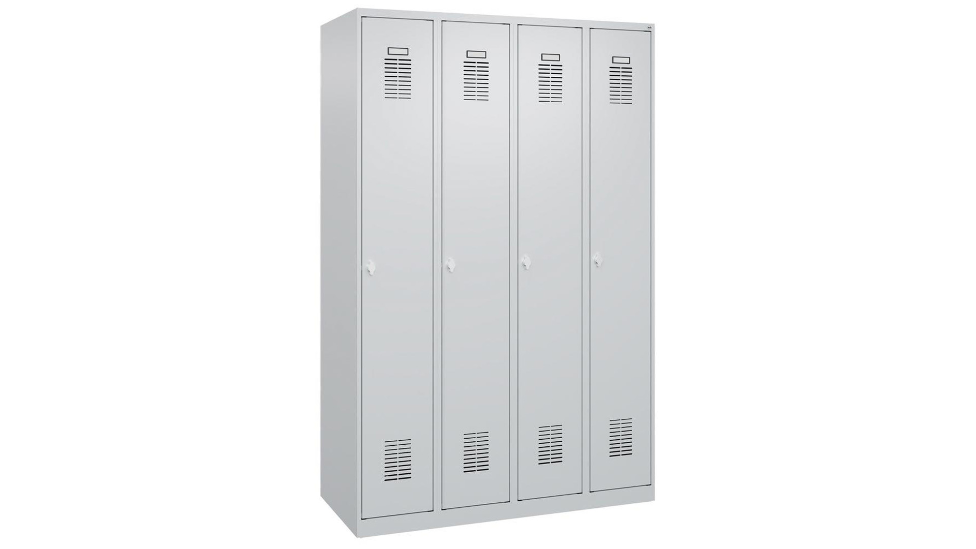 Garderobenschrank, bodenstehend, BxTxH 1200x500x1850 mm, 4 Abteile, B 300 mm,Drehriegel RAL 7035
