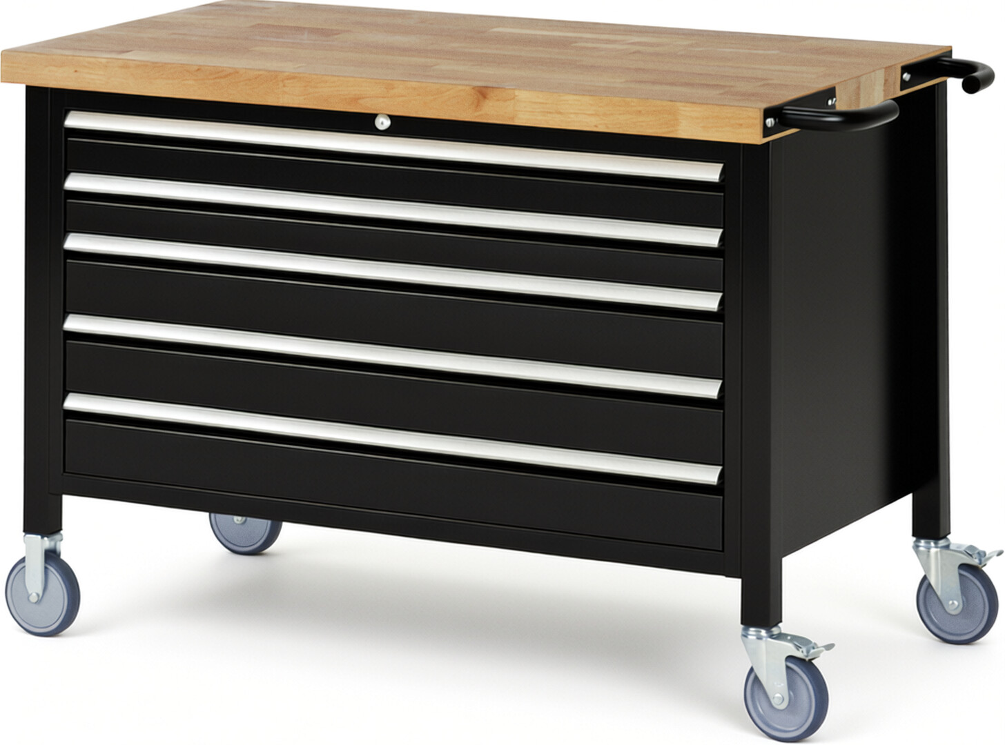 Fahrbare Werkbank Modell 8371 schwarz, BxTxH 1250x700x880 mm,  Buche-Massiv Arbeitsplatte 40 mm,  5 Schubladen mit  Auszug 90 %