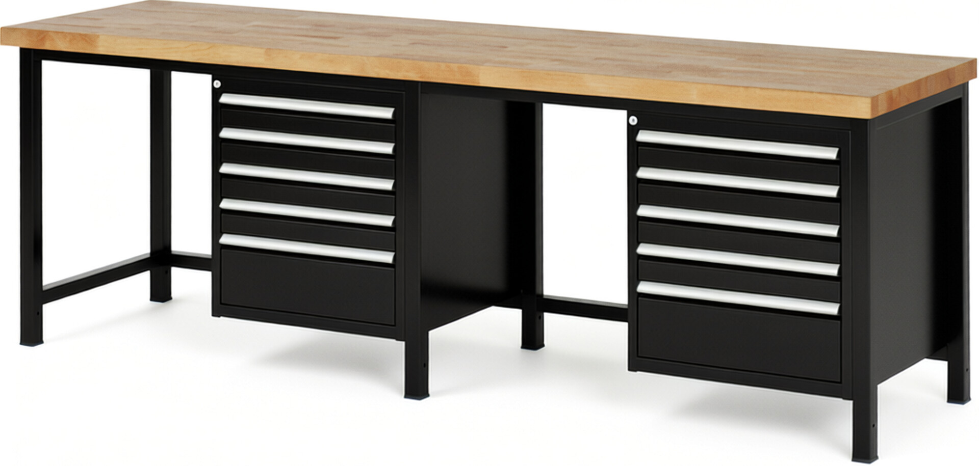 Werkbank Modell 8168 schwarz, BxTxH 2500x700x840-1040 mm,  Buche-Massiv Arbeitsplatte 40 mm,  10 Schubladen mit  Vollauszug 100 % und  SoftClosing