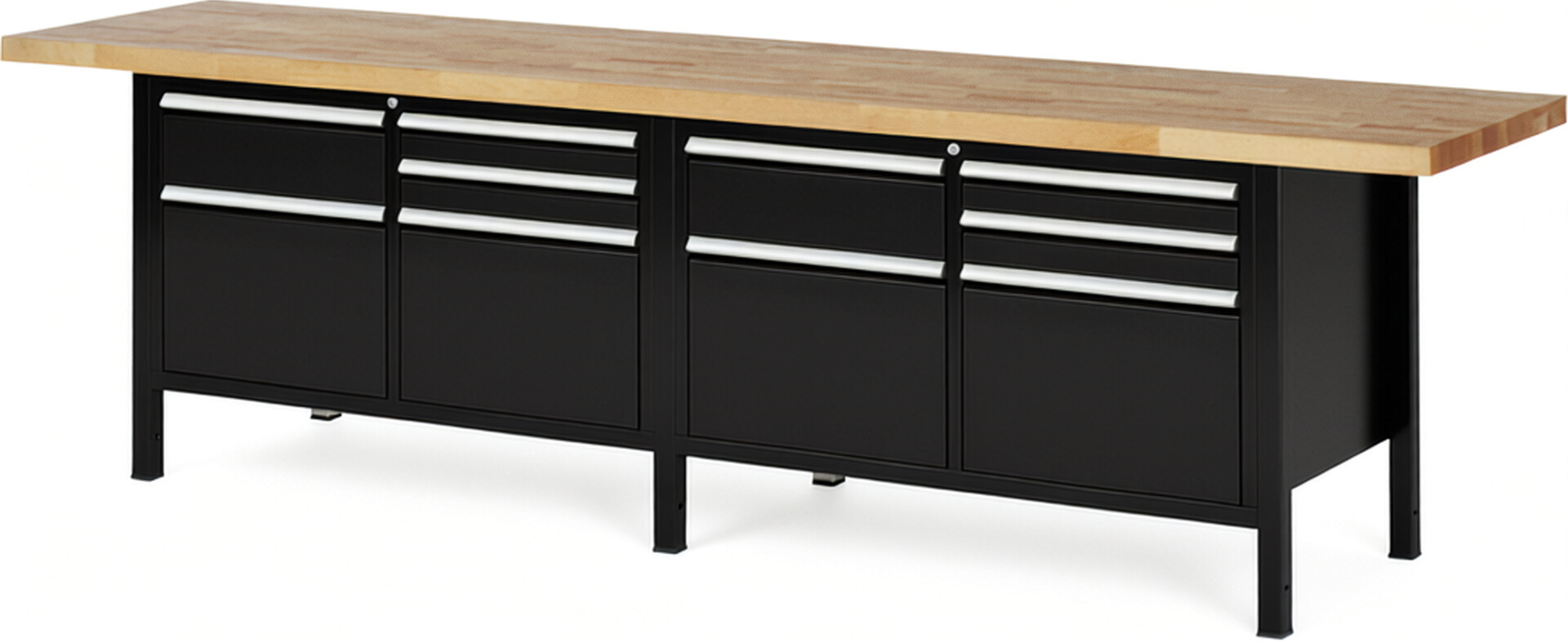 Werkbank Modell 8472 schwarz, BxTxH 3000x700x840 mm,  Buche-Massiv Arbeitsplatte 40 mm,  10 Schubladen mit  Auszug 90 %