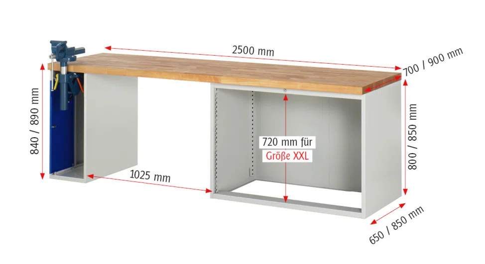 Werkbank Modell 7710 rot - schwarz, BxTxH 2500x700x890 mm,  Buche-Massiv Arbeitsplatte 40 mm,  4 Schubladen mit  Vollauszug 100 % und  SoftClosing