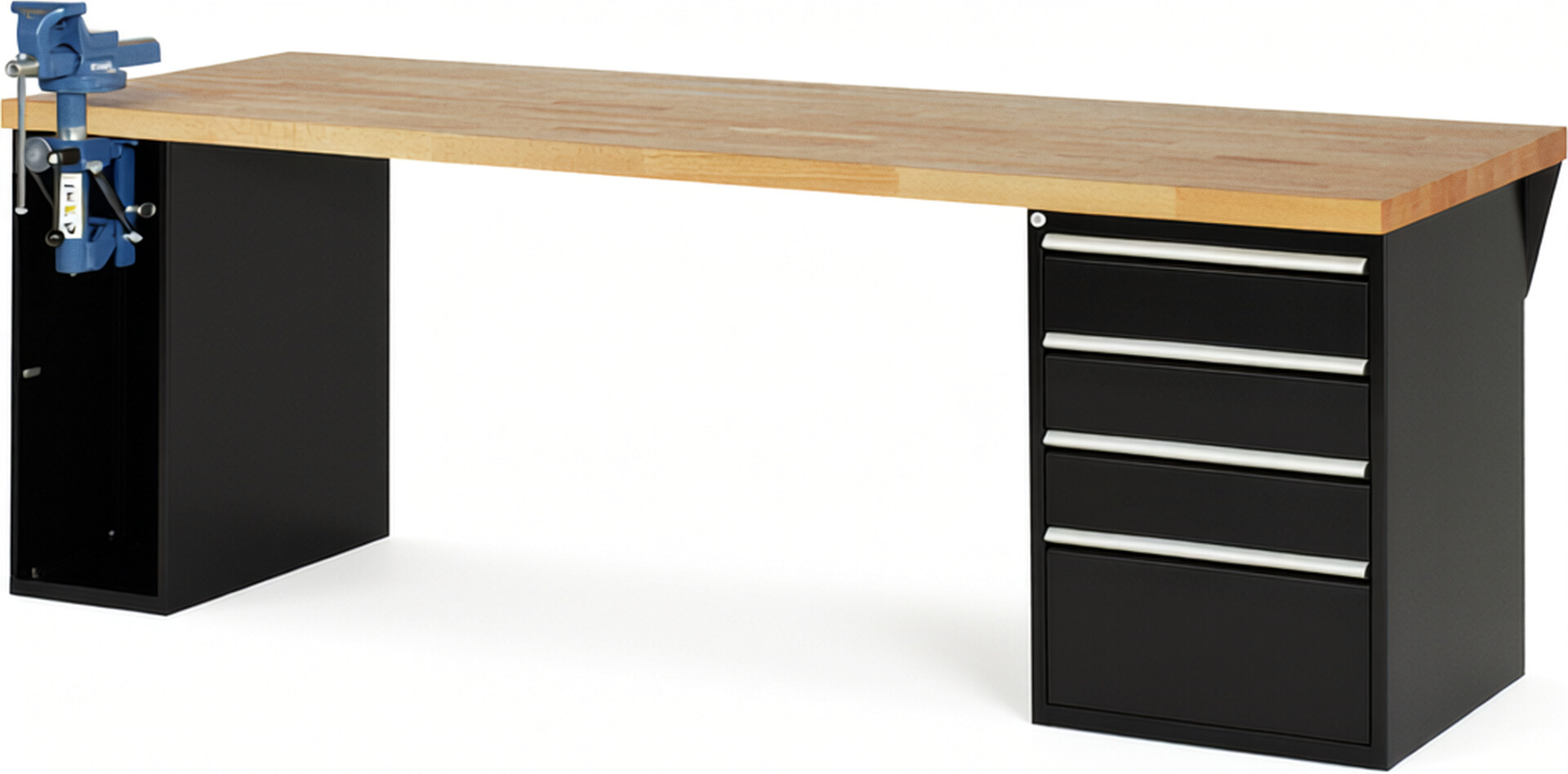 RAU Werkbank schwarz - Breite 250 cm - Tiefe 90 cm - Höhe 84 cm - Buche-Massiv Arbeitsplatte 40 mm