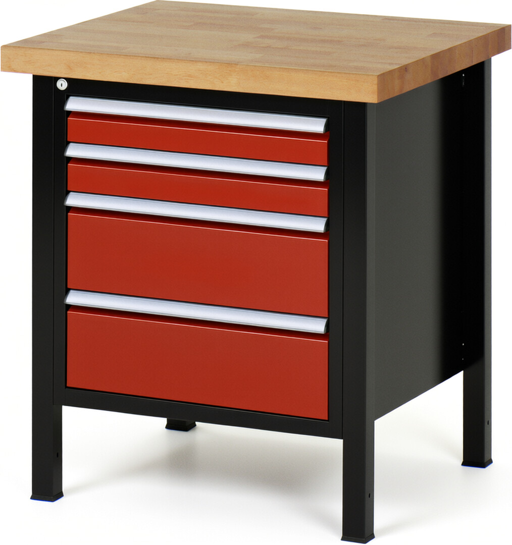 RAU Werkbank schwarz - rot - Breite 75 cm - Tiefe 70 cm - Höhe 104 cm - Buche-Massiv Arbeitsplatte 40 mm