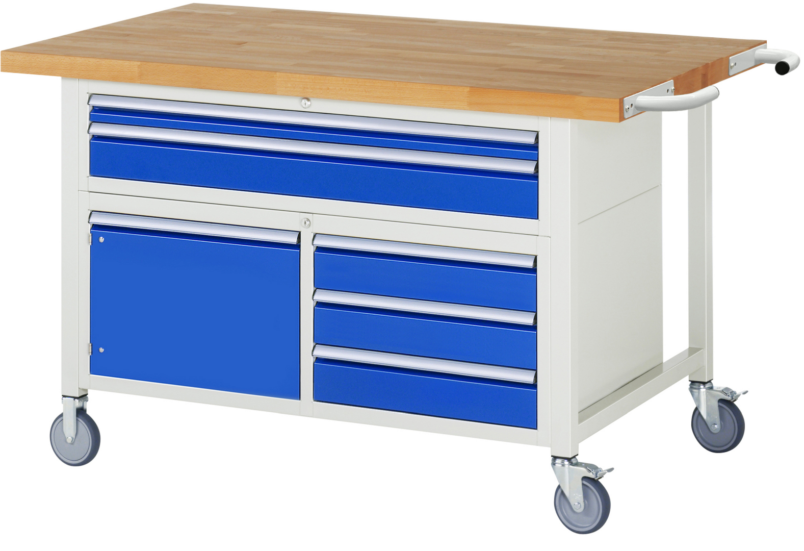 Fahrbare Werkbank Modell 8922,  BxTxH 1500x900x920-1120 mm,  Buche-Massiv Arbeitsplatte 40 mm,  5 Schubladen mit  Auszug 90 %