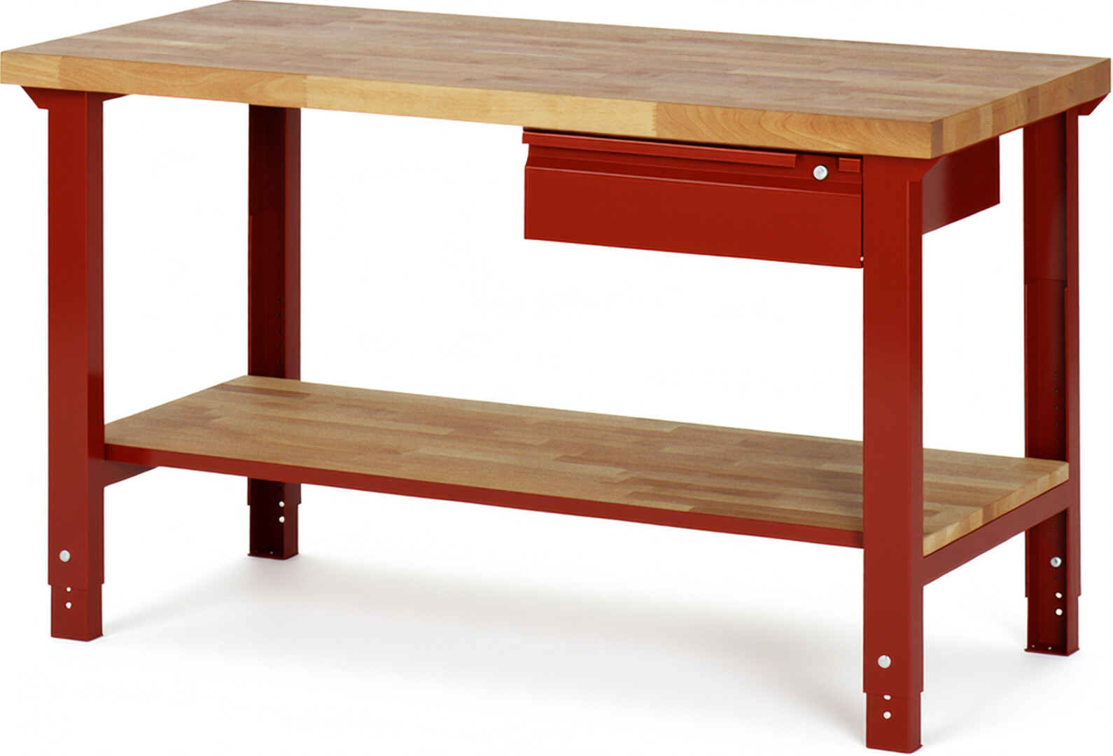 Werkbank - Modell 7001 BASIC rot, BxTxH 1500x700x790-1140 mm,  Buche-Massiv Arbeitsplatte 40 mm,  1 Schublade mit  Auszug 90 %
