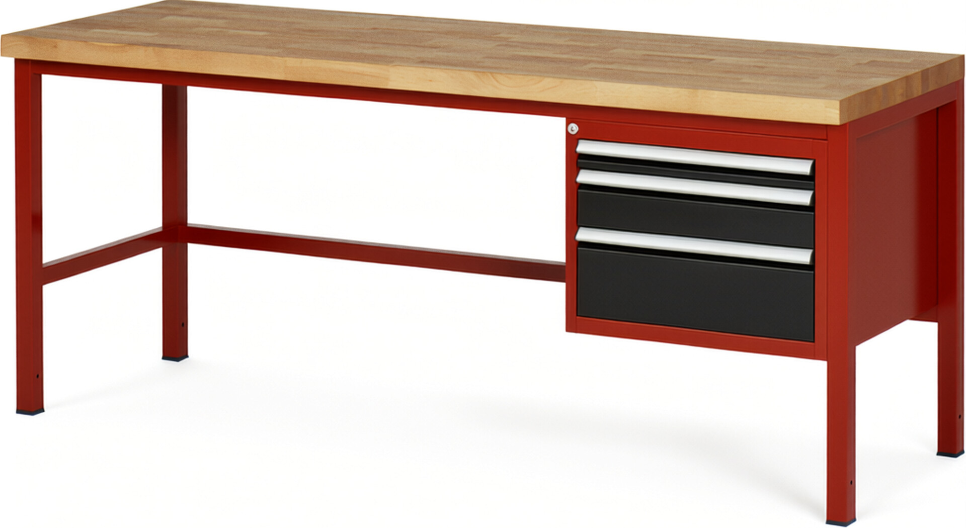 Werkbank Modell 8126 rot - schwarz, BxTxH 2000x700x840-1040 mm,  Buche-Massiv Arbeitsplatte 40 mm,  3 Schubladen mit  Vollauszug 100 % und  SoftClosing