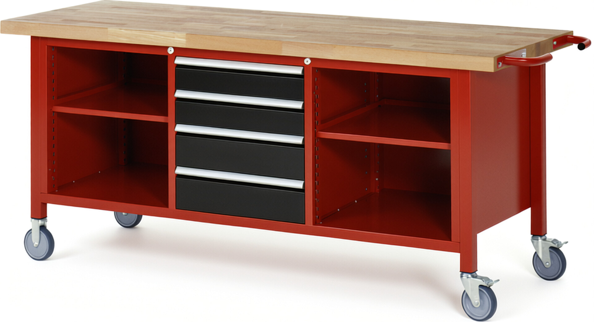 RAU Werkbank rot - schwarz - Breite 200 cm - Tiefe 70 cm - Höhe 108 cm - Buche-Massiv Arbeitsplatte 40 mm