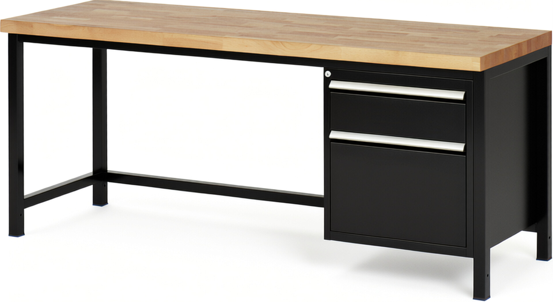 Werkbank Modell 8156 schwarz, BxTxH 2000x700x840-1040 mm,  Buche-Massiv Arbeitsplatte 40 mm,  2 Schubladen mit  Vollauszug 100 % und  SoftClosing