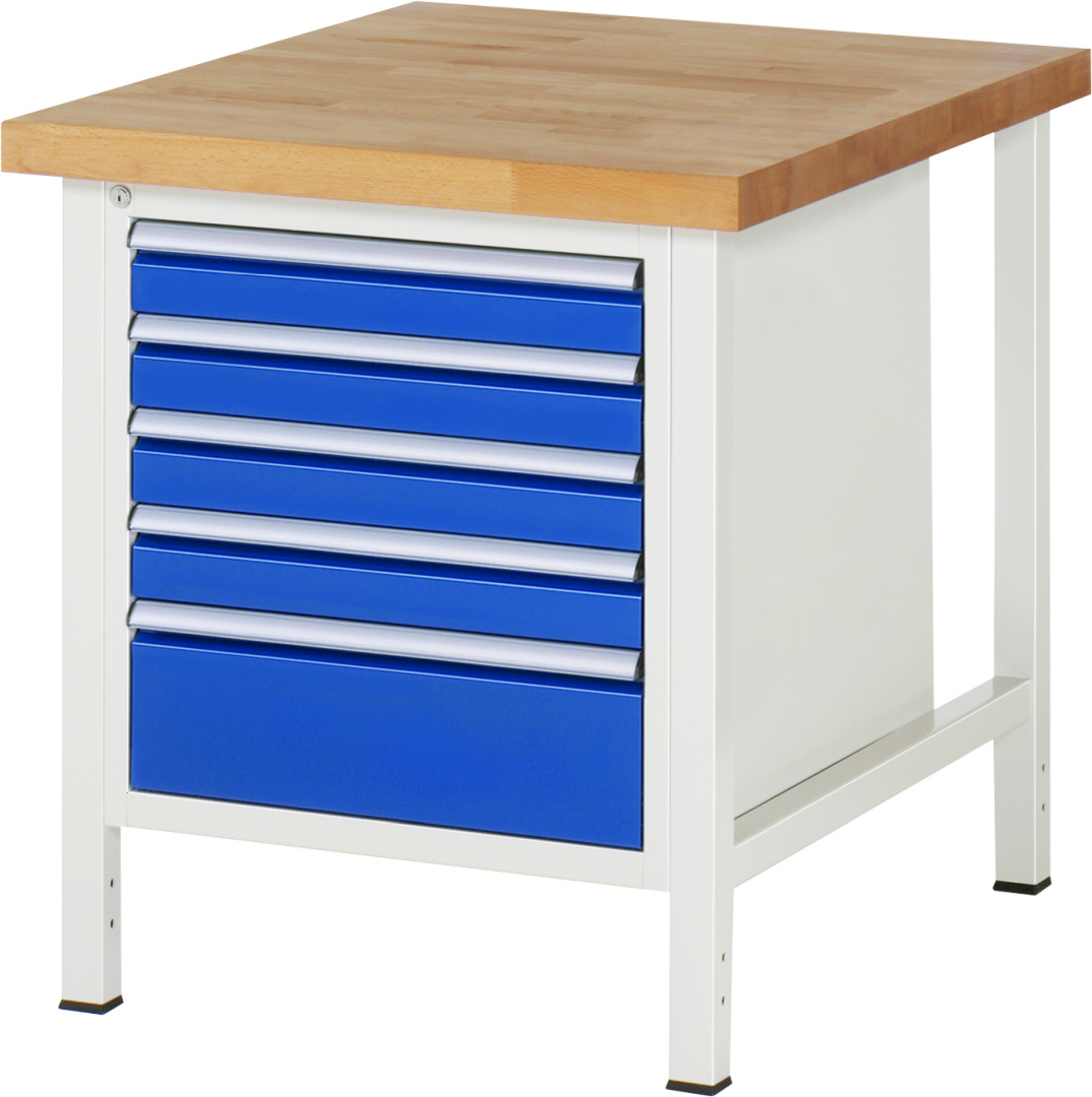 Werkbank Modell 8168 schwarz, BxTxH 750x900x840 mm,  Buche-Massiv Arbeitsplatte 40 mm,  5 Schubladen mit  Auszug 90 %