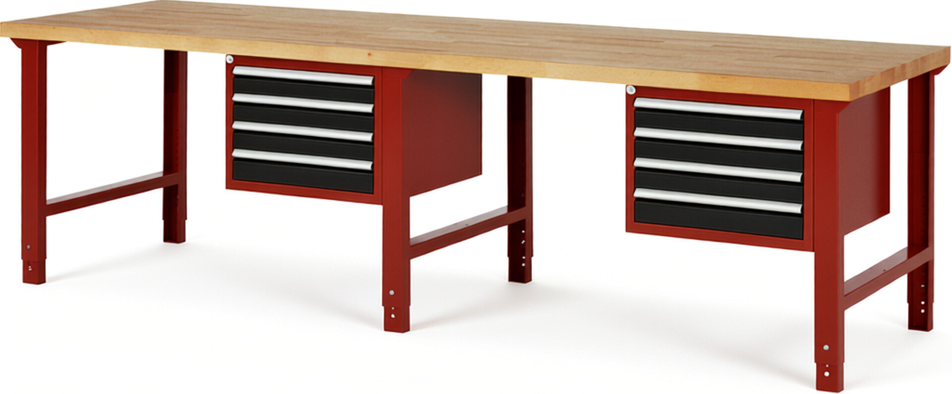 RAU Werkbank rot - schwarz - Breite 300 cm - Tiefe 90 cm - Höhe 114 cm - Buche-Massiv Arbeitsplatte 40 mm