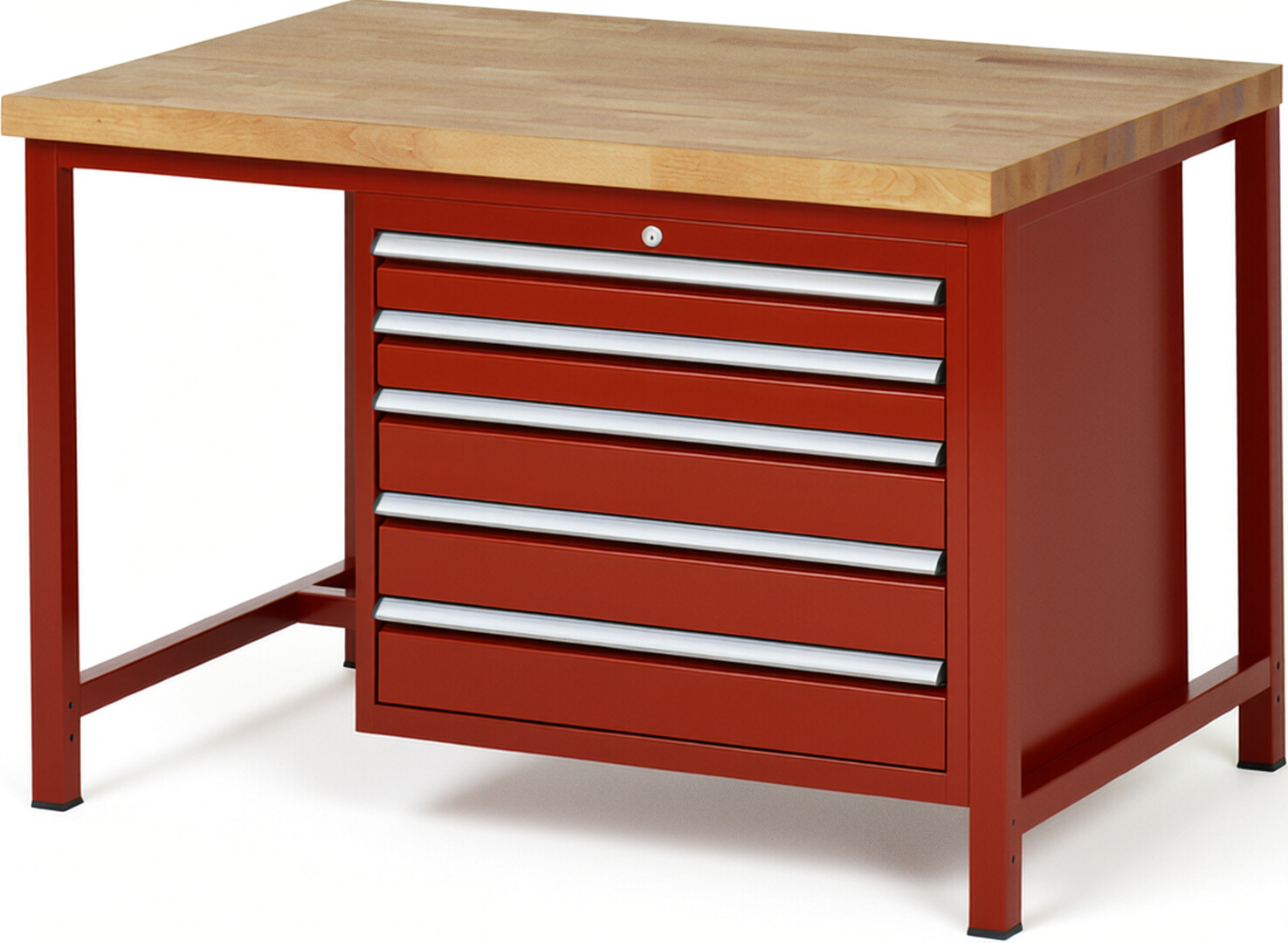 Werkbank Modell 8271 rot, BxTxH 1250x900x840 mm,  Buche-Massiv Arbeitsplatte 40 mm,  5 Schubladen mit  Auszug 90 %