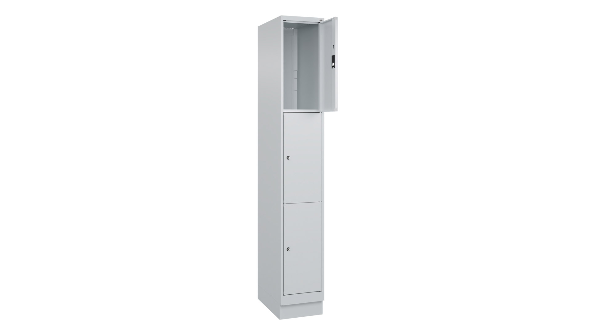 Fächerschrank, BxTxH 300x500x1.950 mm, 1x3 Fächer, Abteilbreite 300 mm, Sockel, Schloss, glatte Türen, RAL 7035
