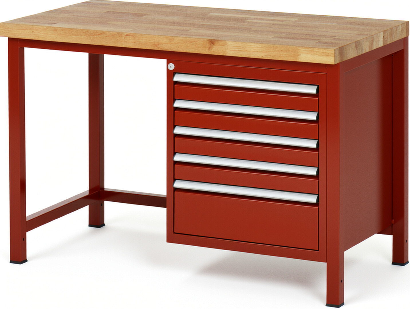 Werkbank Modell 8168 rot, BxTxH 1250x700x840 mm,  Buche-Massiv Arbeitsplatte 40 mm,  5 Schubladen mit  Vollauszug 100 % und  SoftClosing