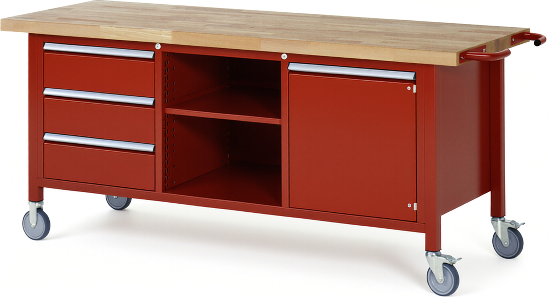 Fahrbare Werkbank Modell 8563 rot, BxTxH 2000x700x880 mm,  Buche-Massiv Arbeitsplatte 40 mm,  3 Schubladen mit  Auszug 90 %