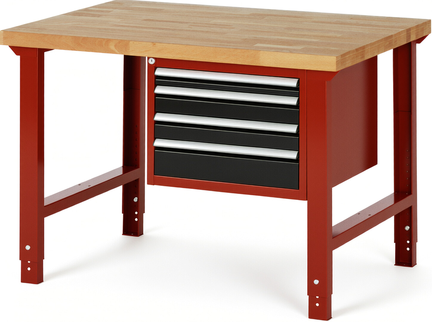Werkbank Modell 7132 rot - schwarz, BxTxH 1250x900x790-1140 mm,  Buche-Massiv Arbeitsplatte 40 mm,  4 Schubladen mit  Auszug 90 %