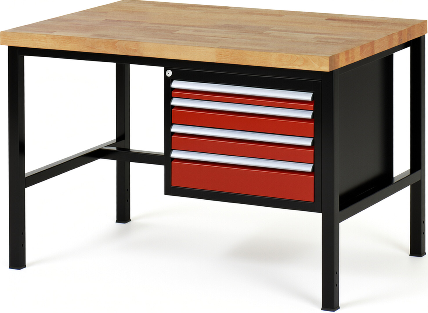 Werkbank Modell 8132 schwarz-rot, BxTxH 1250x900x840 mm,  Buche-Massiv Arbeitsplatte 40 mm,  4 Schubladen mit  Auszug 90 %