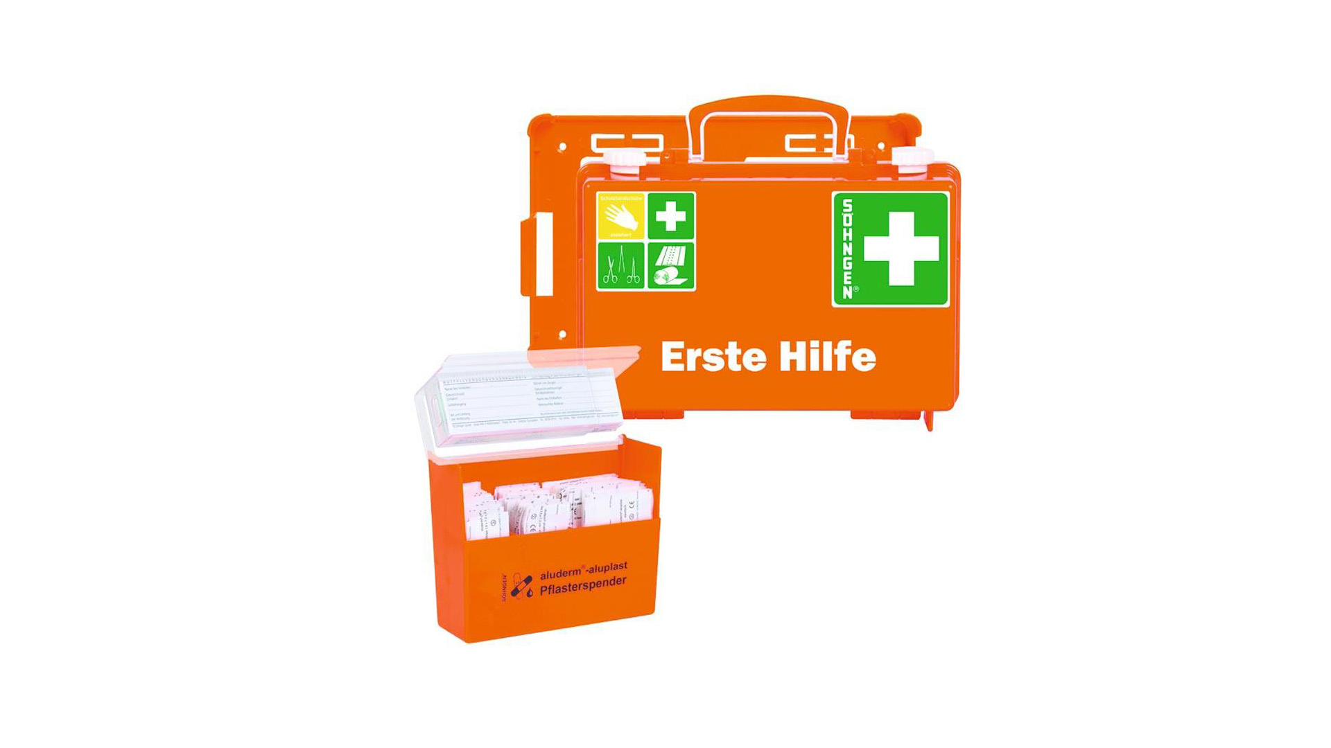 Erste-Hilfe-Set, best. aus: Koffer mit Inhalt nach DIN 13157, BxTxH 260x110x170 mm + Pflasterspender mit 115 Pflastern, orange