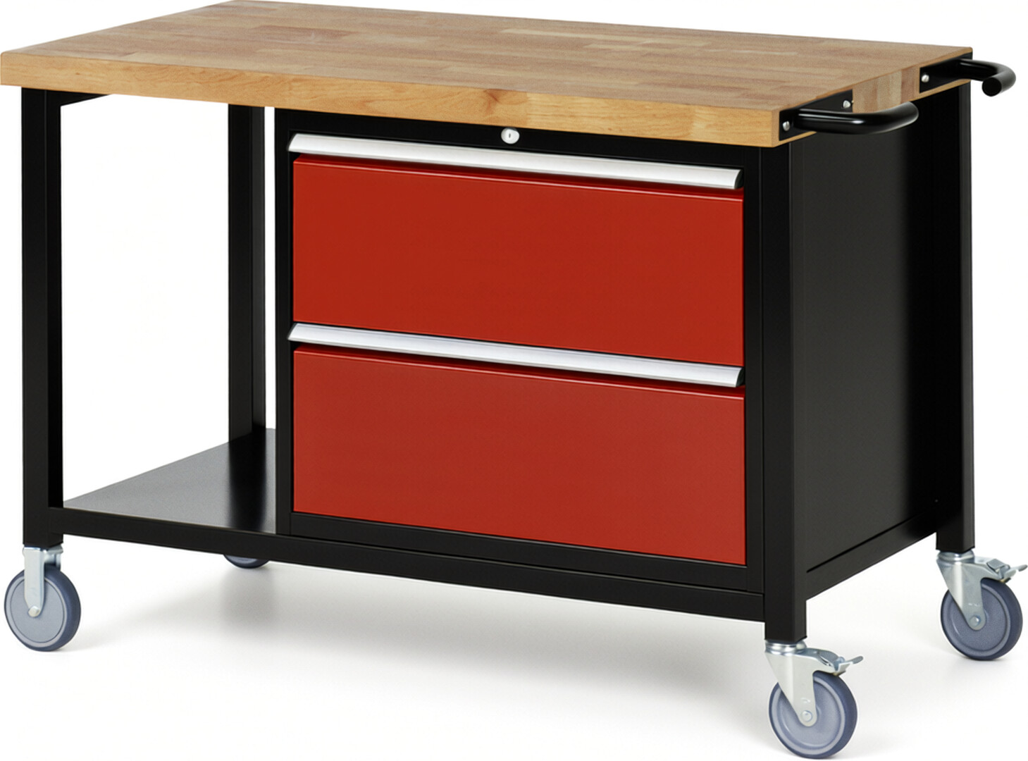 RAU Werkbank schwarz - rot - Breite 125 cm - Tiefe 70 cm - Höhe 108 cm - Buche-Massiv Arbeitsplatte 40 mm