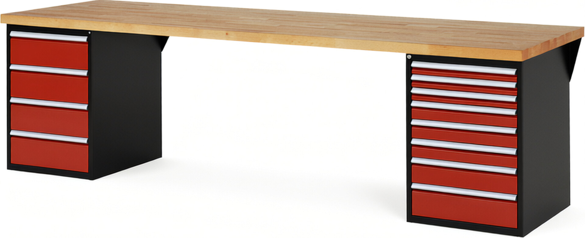 RAU Werkbank schwarz - rot - Breite 300 cm - Tiefe 90 cm - Höhe 89 cm - Buche-Massiv Arbeitsplatte 40 mm