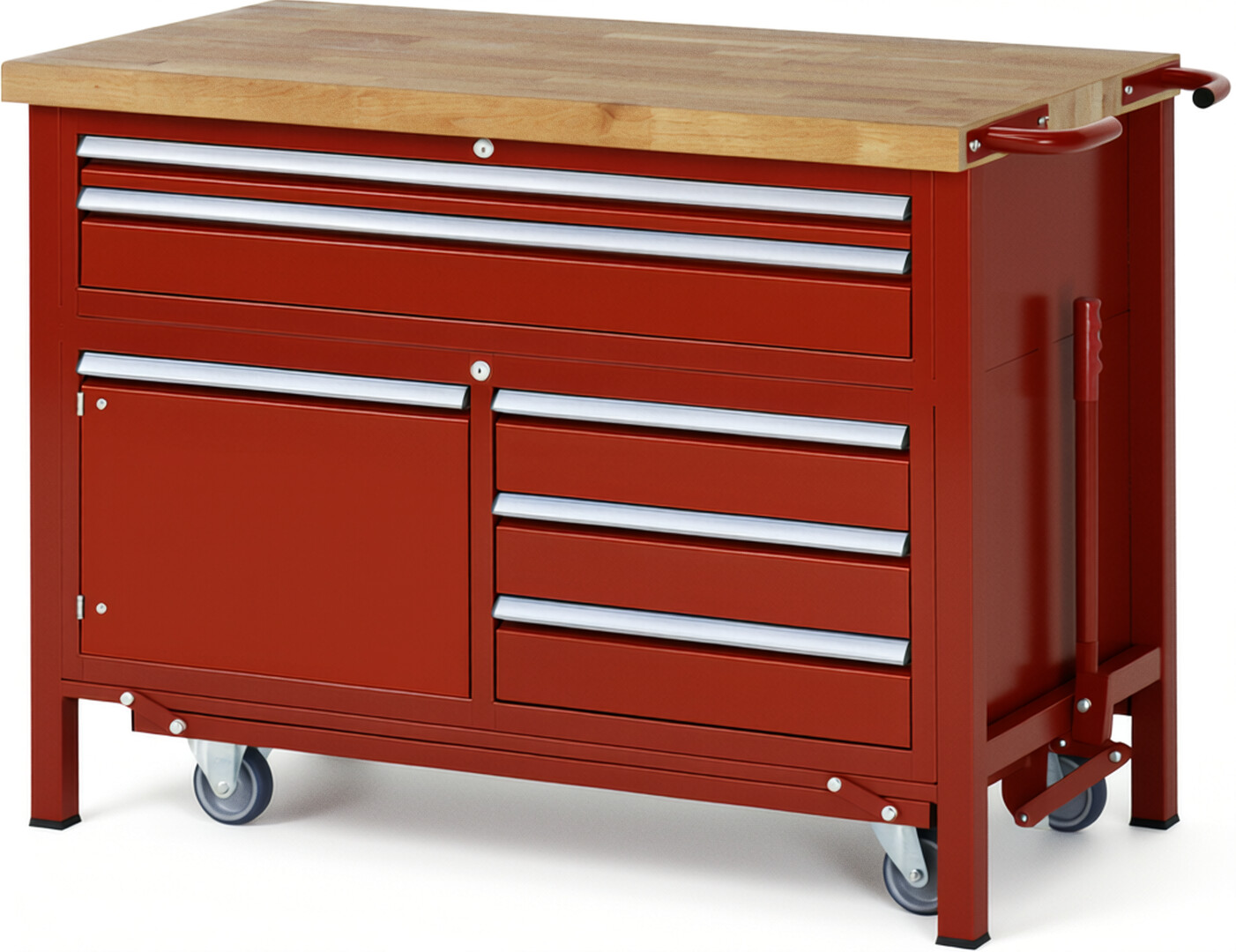 Absenkbare Werkbank Modell 8922 rot, BxTxH 1250x700x920 mm,  Buche-Massiv Arbeitsplatte 40 mm,  5 Schubladen mit  Vollauszug 100 % und  SoftClosing