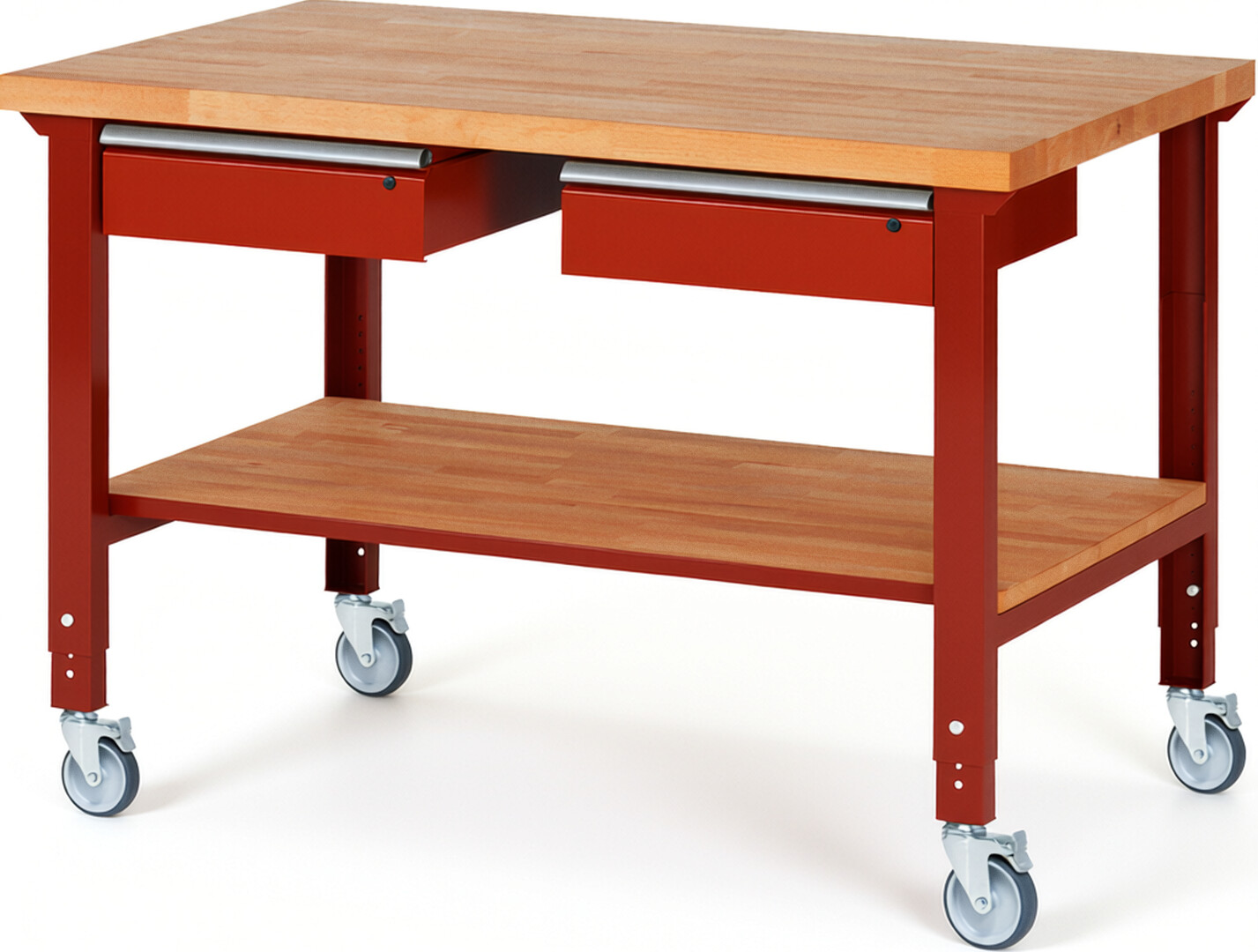 RAU Werkbank rot - Breite 150 cm - Tiefe 90 cm - Höhe 100 cm - Buche-Massiv Arbeitsplatte 40 mm