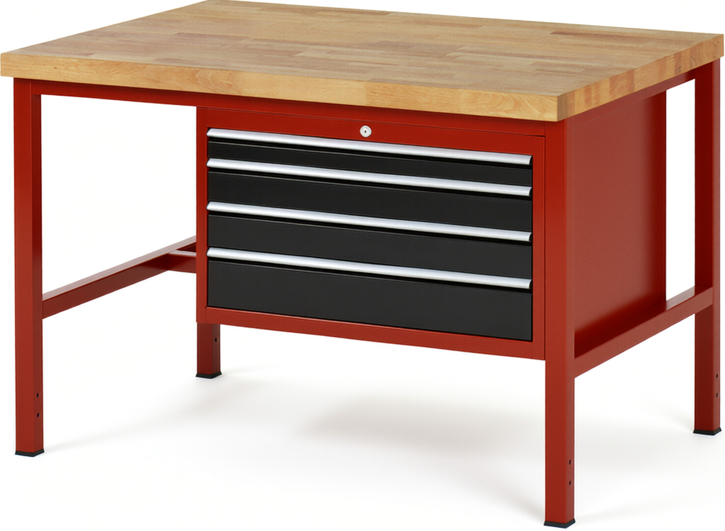 Werkbank Modell 8232 rot - schwarz, BxTxH 1250x900x840-1040 mm,  Buche-Massiv Arbeitsplatte 40 mm,  4 Schubladen mit  Auszug 90 %
