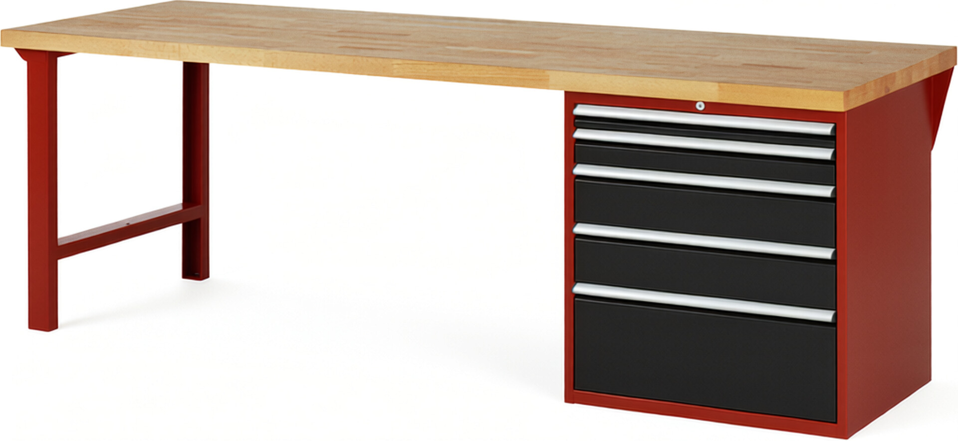 Werkbank Modell 7611 rot - schwarz, BxTxH 2500x900x840 mm,  Buche-Massiv Arbeitsplatte 40 mm,  5 Schubladen mit  Vollauszug 100 % und  SoftClosing