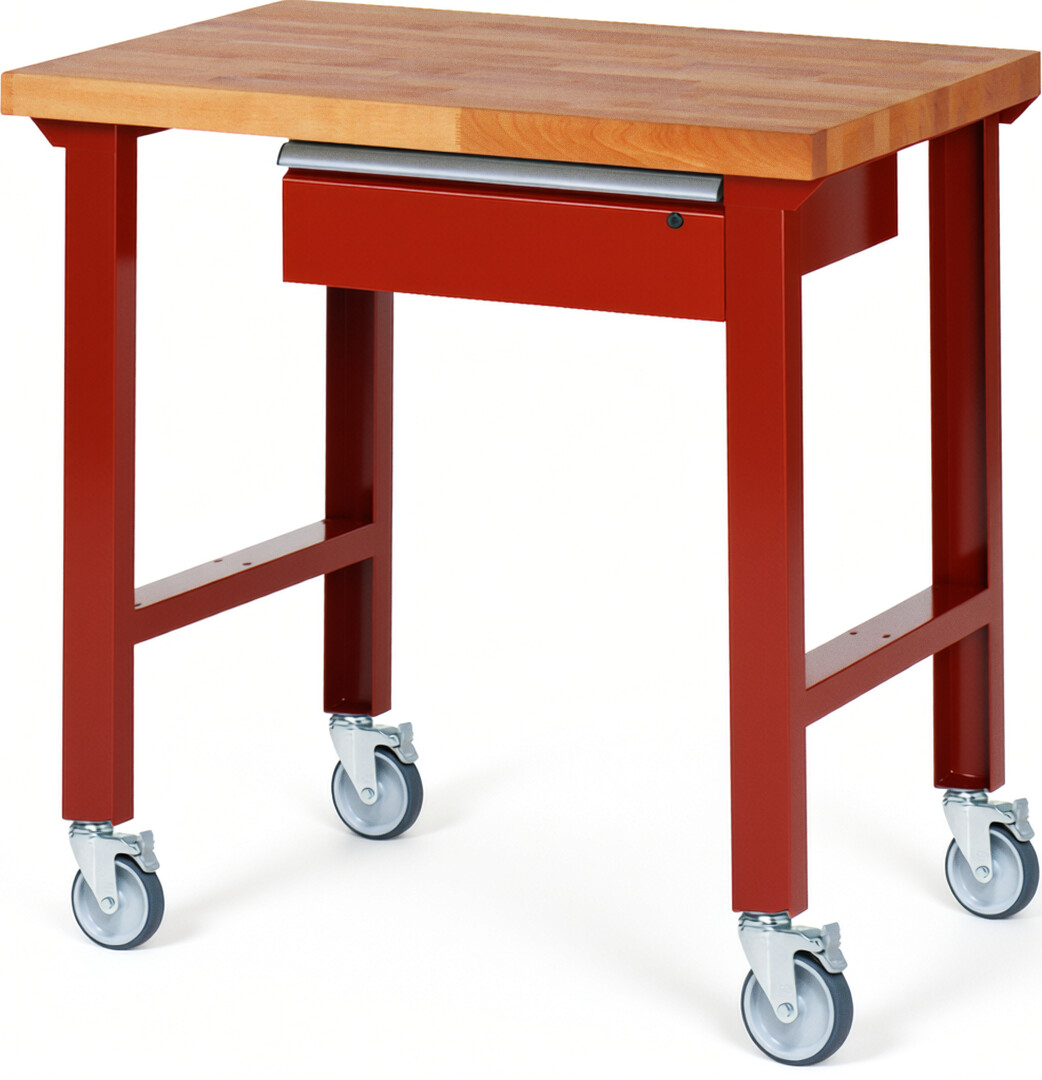 Fahrbare Werkbank Modell 7001 rot, BxTxH 1000x700x1000 mm,  Buche-Massiv Arbeitsplatte 40 mm,  1 Schublade mit  Auszug 90 %