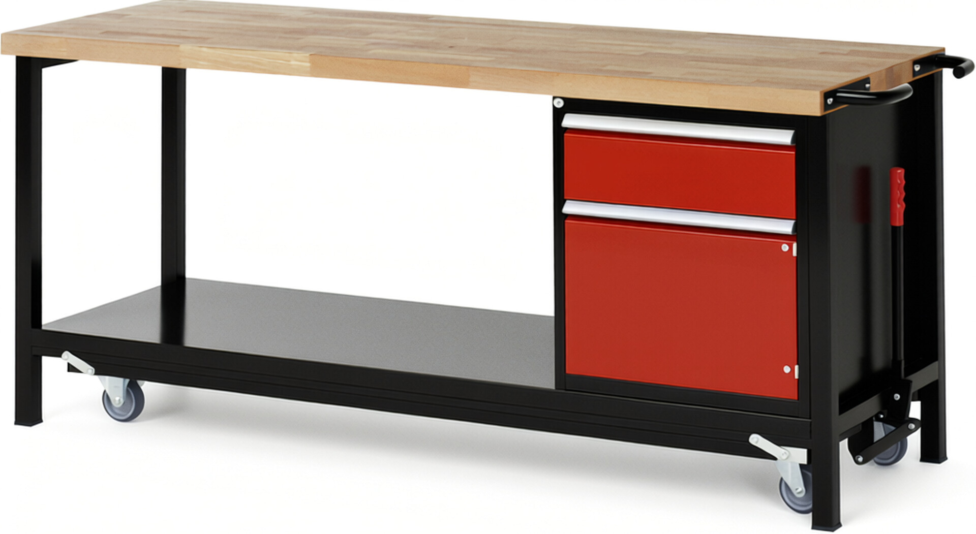 RAU Werkbank schwarz - rot - Breite 200 cm - Tiefe 70 cm - Höhe 88 cm - Buche-Massiv Arbeitsplatte 40 mm