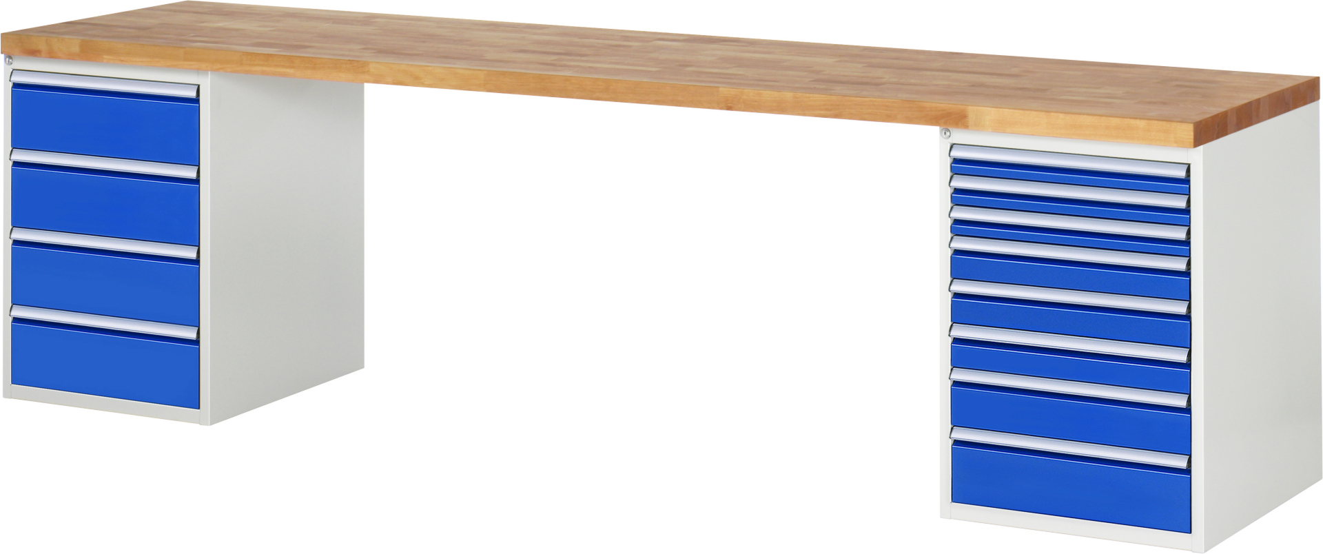 Werkbank Modell 7822 rot, BxTxH 3000x700x890 mm,  Buche-Massiv Arbeitsplatte 40 mm,  12 Schubladen mit  Auszug 90 %