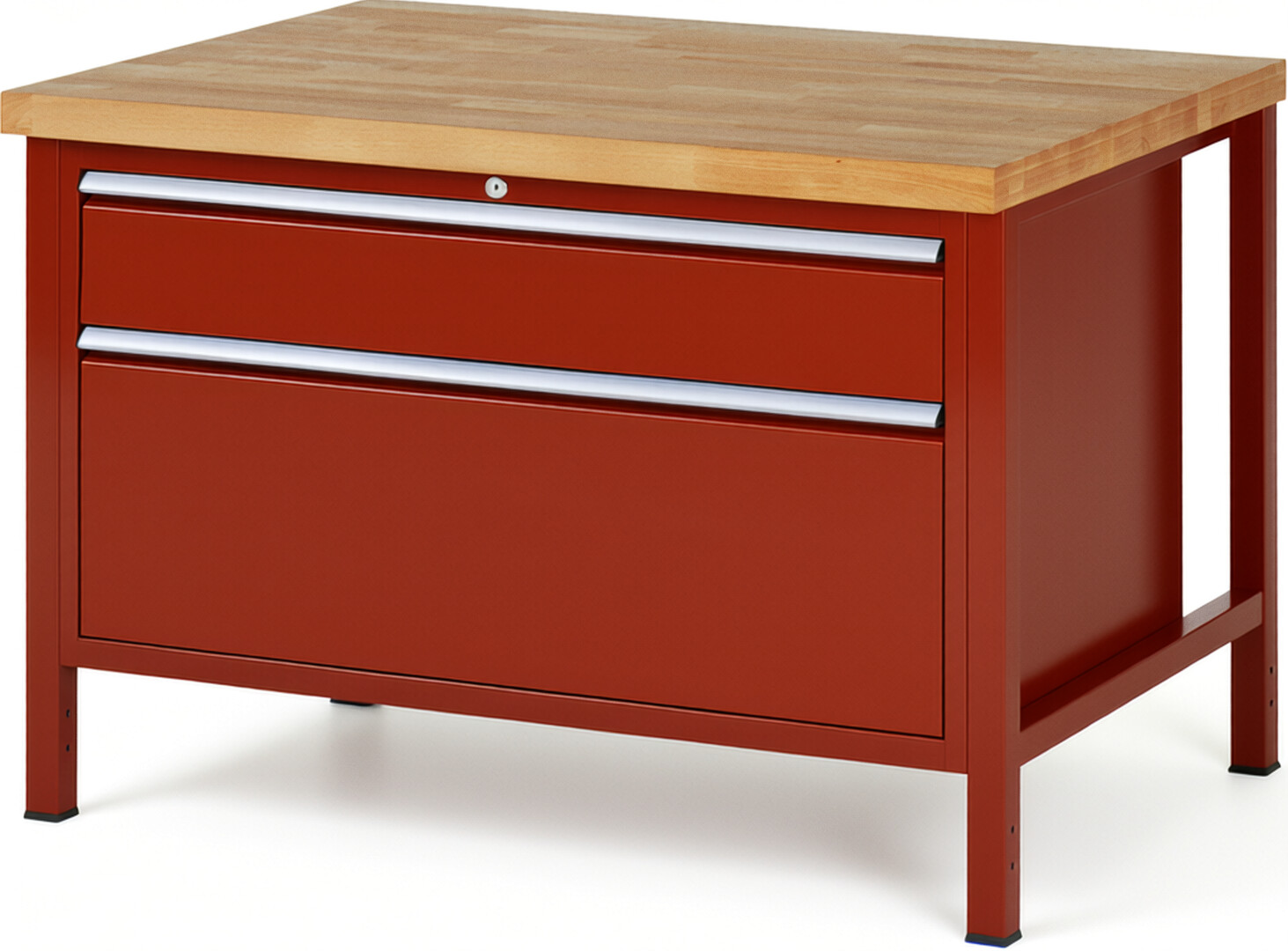 Werkbank Modell 8356 rot, BxTxH 1250x900x840 mm,  Buche-Massiv Arbeitsplatte 40 mm,  2 Schubladen mit  Vollauszug 100 % und  SoftClosing